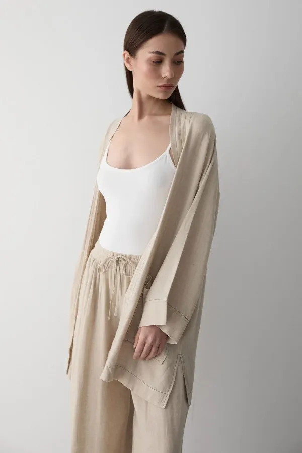 Ensemble kimono 100 % coton naturel avec poches et ceinture - 8491