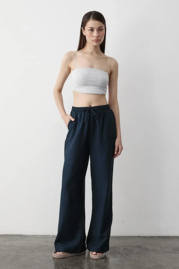 Navy Blue Wide Leg Trousers with Elastic Waistband