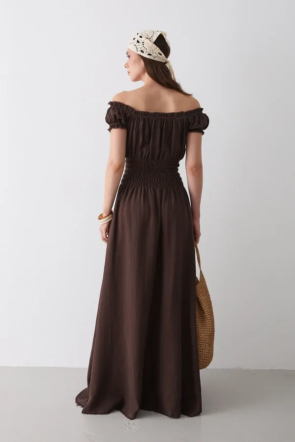 Kahverengi Büzgülü Elbise - 2002