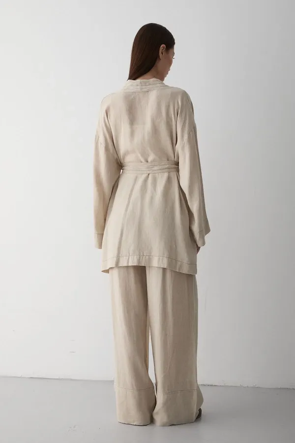 Ensemble kimono 100 % coton naturel avec poches et ceinture - 8491