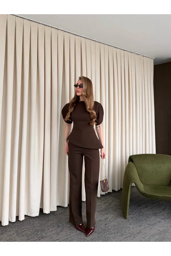 Ensemble chemisier et pantalon asymétrique marron à manches ballon - 25194