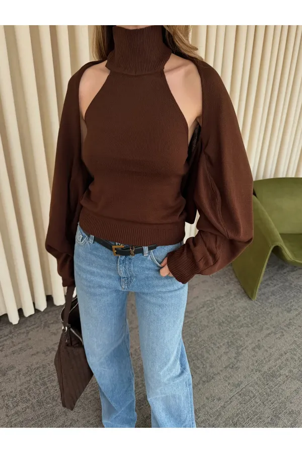 Ensemble boléro tricoté marron foncé - 601117