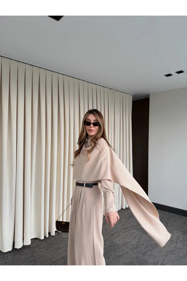 Bej Kemerli Şal Yaka Gömlek Pantolon Takım - 8004