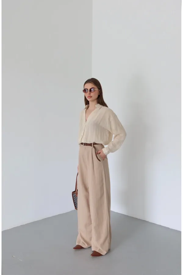 Pantalon beige en maille avec ceinture - 51150