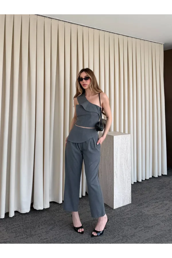Gri Tek Omuz Tasarım Yaka Bluz Pantolon Takım - 8003
