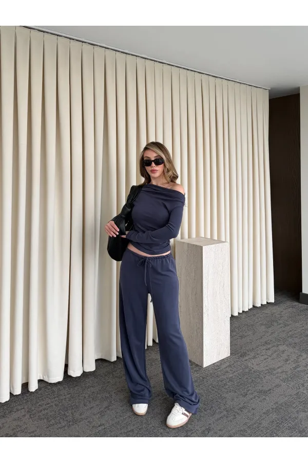 İndigo Kayık Yaka Modal İkili Takım - 7323