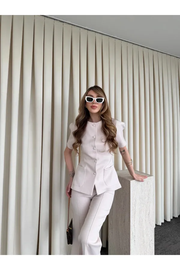 Bej Balon Kol Düğmeli Ceket Pantolon Takım - 0440