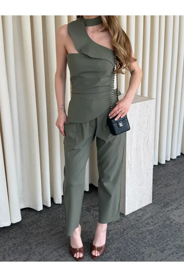 Haki Tek Omuz Tasarım Yaka Bluz Pantolon Takım - 8003