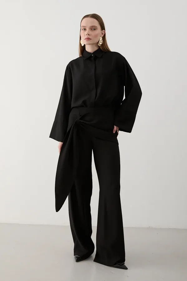Siyah Beli Detaylı Pantolon Gömlek Takım - 8862