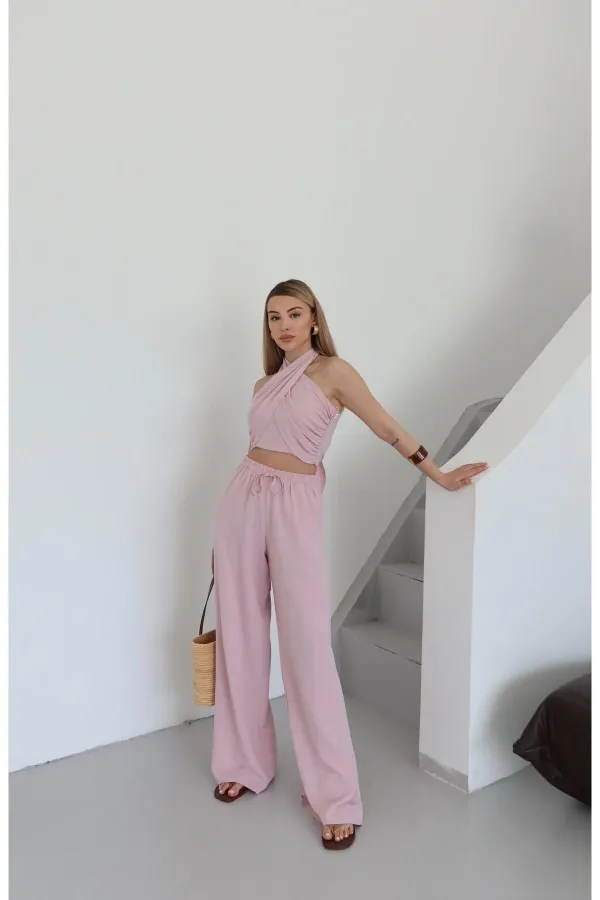 Pink Halter Neck Bustier and Pants Set