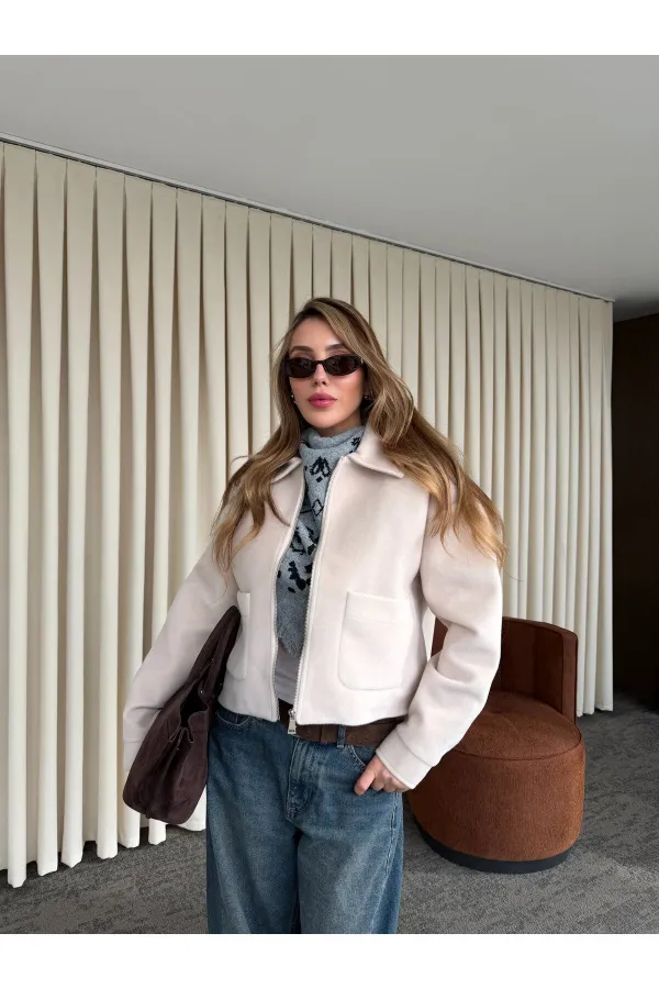 Stone Embellished Suede Jacket with Zipper - 00664