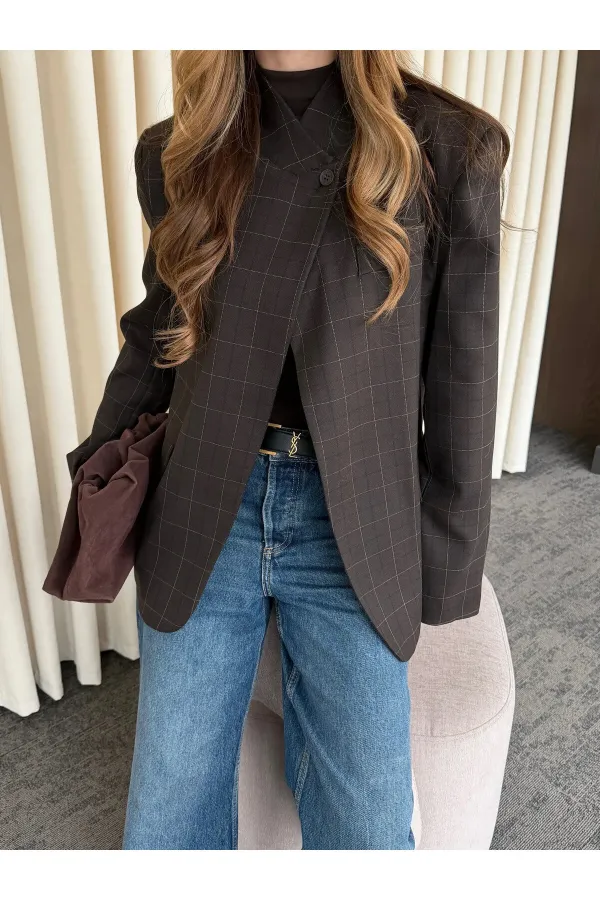 Kahverengi Hakim Yaka Ekose Ceket - 4103