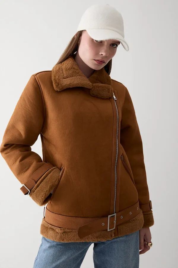 Manteau doublé de fourrure marron