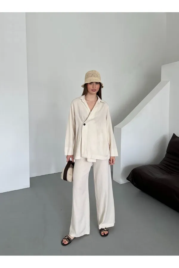 Natural 100% Cotton Double-Breasted Single-Button Kimono Pants Set - 8351 Natural 100% Cotton Double-Breasted Single-Button Kimono Pants Set - 8351