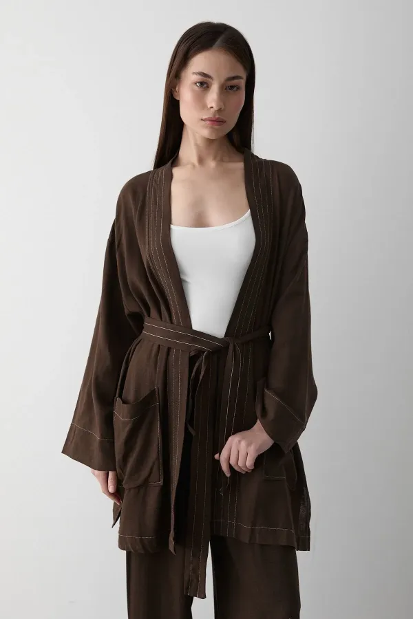 Kahverengi %100 Pamuk Cep Detaylı Kuşaklı Kimono Takım - 8491