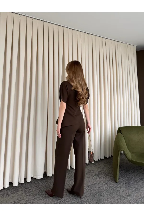 Ensemble chemisier et pantalon asymétrique marron à manches ballon - 25194