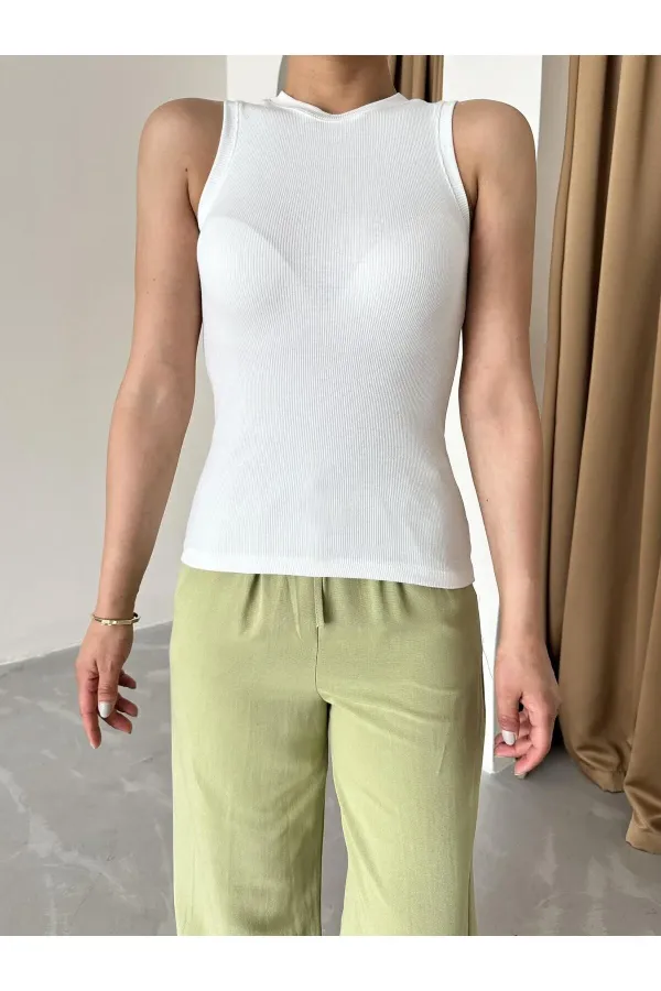 Khaki Cotton Linen Trousers with Elastic Waistband