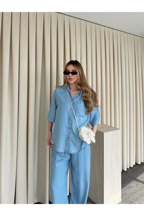 Light Blue Tencel Fabric Shirt and Pants Set - 0926