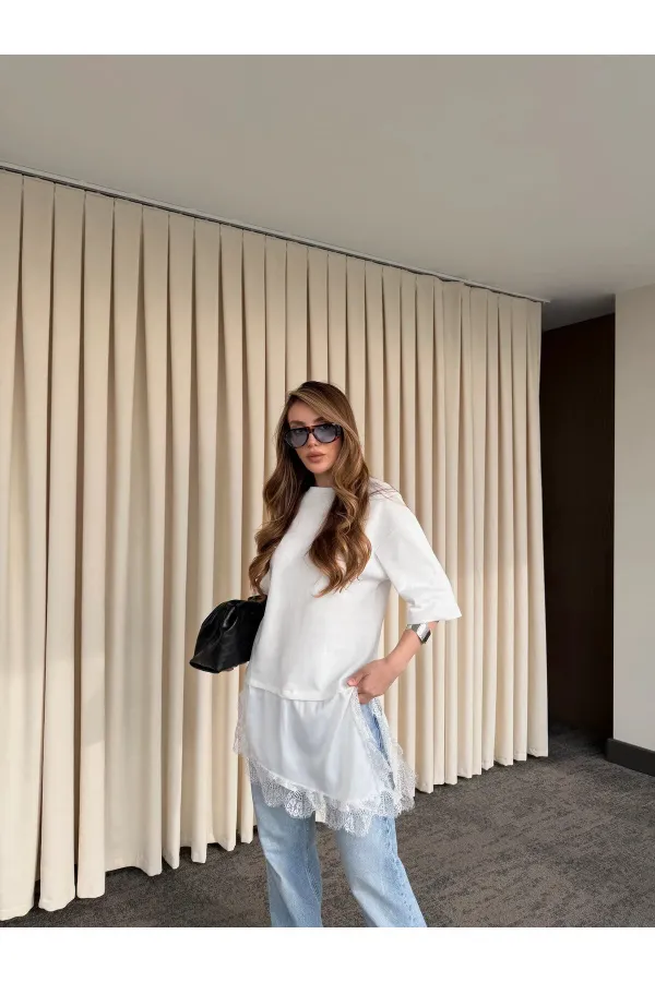 Beyaz Asimetrik Dantelli Bluz - 0771