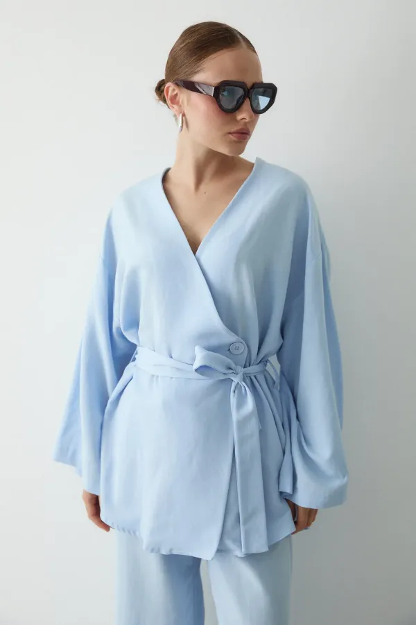 Mavi Pamuklu Düğme Detaylı Kemerli Keten Kimono