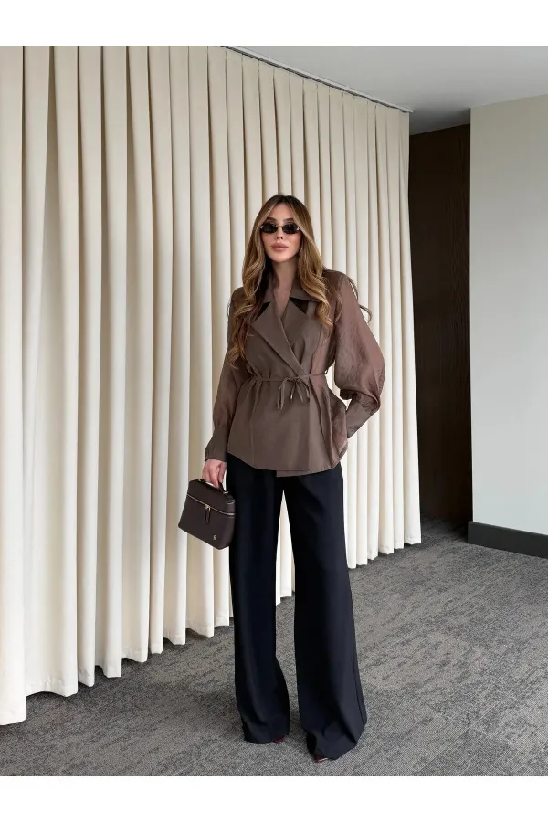 Kahverengi Vatkalı Transparan Gömlek - 5029
