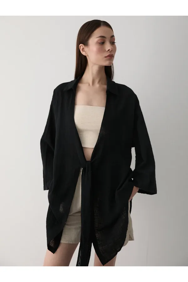 Siyah Flam Keten Kimono Gömlek