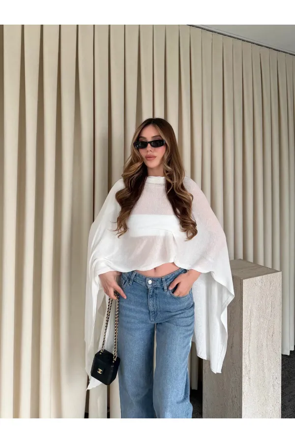 Ekru Muadil Tasarım Triko Pelerin Şal - 5241