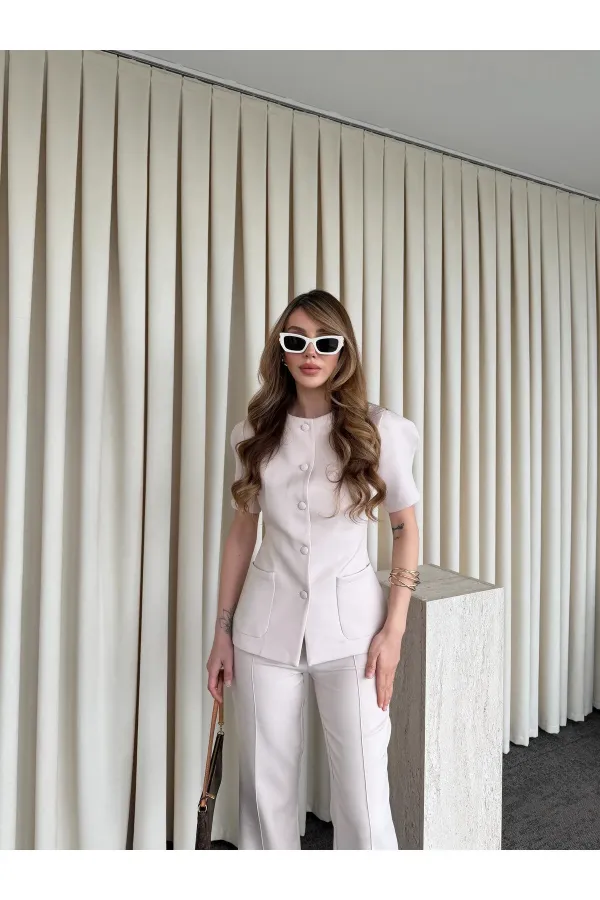Bej Balon Kol Düğmeli Ceket Pantolon Takım - 0440