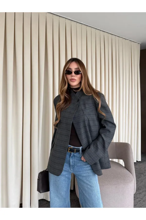 Veste à carreaux anthracite à col mandarin - 4103