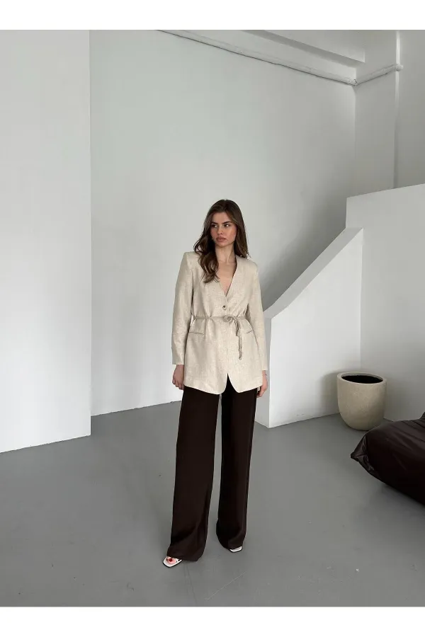 Bej %100 Pamuk İp Kemerli Ceket