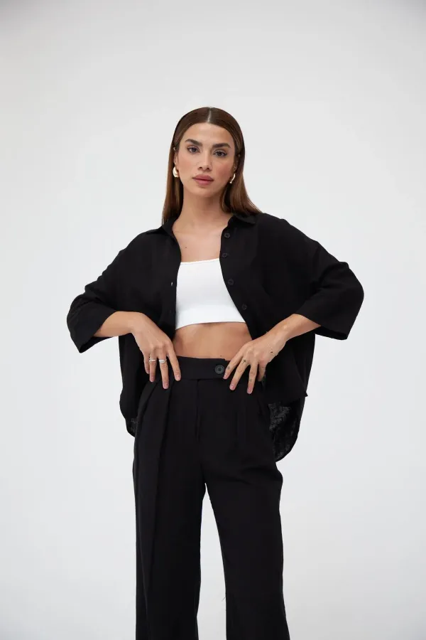 Ensemble deux pièces chemise et pantalon en lin noir