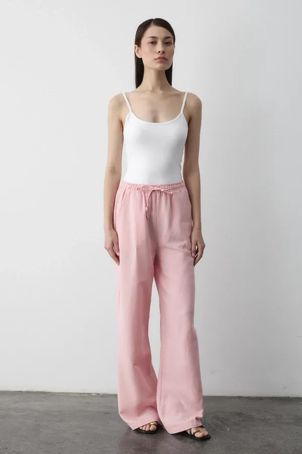 Pantalon rose en coton et lin avec taille élastique