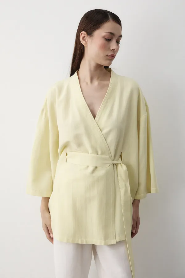 Sarı Iç Kemerli Fakir Kol Kimono - 5383