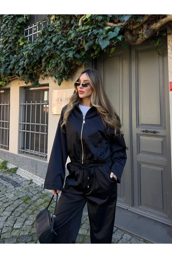 Siyah Bomber Saten Ceket Pantolon Takım - 9663 - 51229