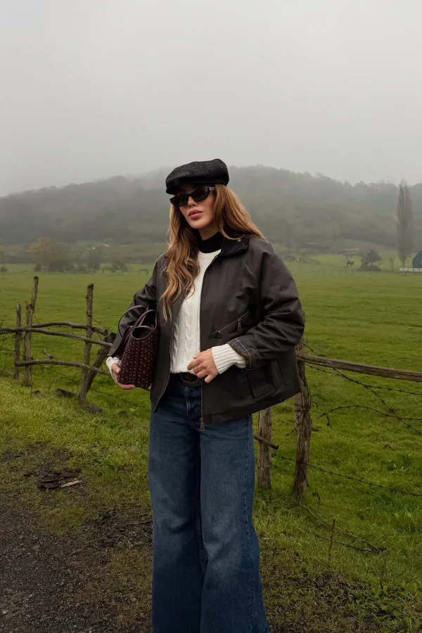 Veste marron à poches et col en velours - 5124