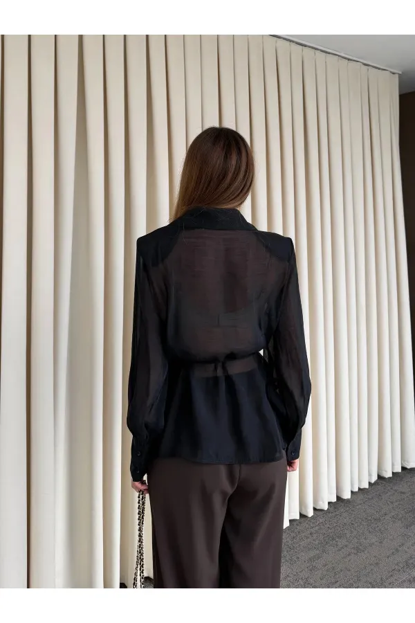Siyah Vatkalı Transparan Gömlek - 5029