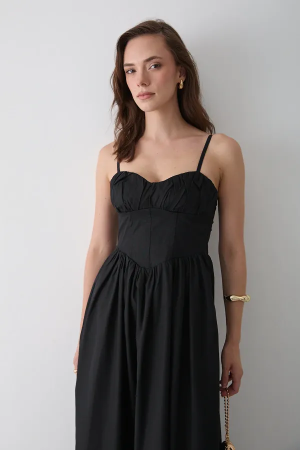 Siyah Bel Detaylı Poplin Elbise - 2001