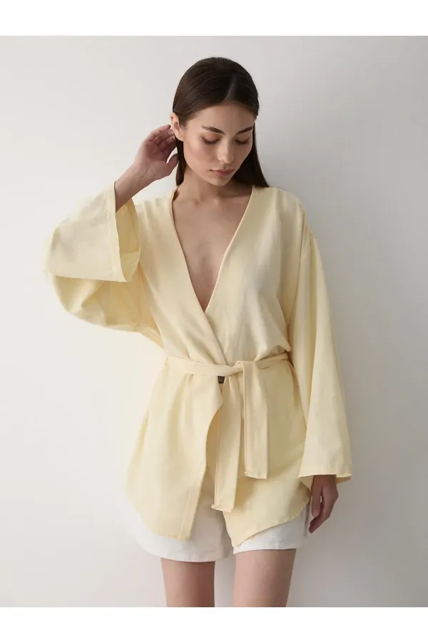 Yellow Cotton Linen Kimono with Button Detail and Belt