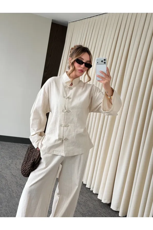 Natural Nakış Düğmeli Kimono Takım - 60624