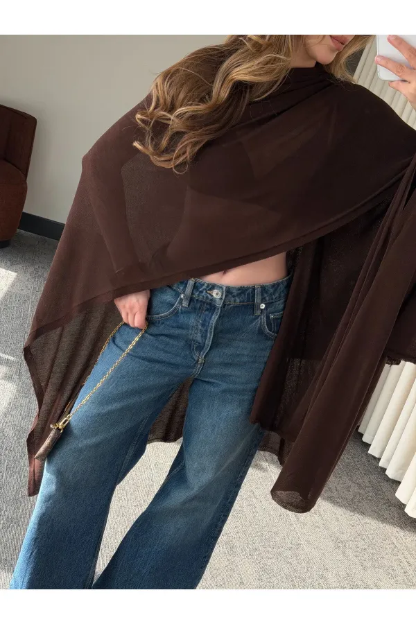 Kahverengi Muadil Tasarım Triko Pelerin Şal - 5241