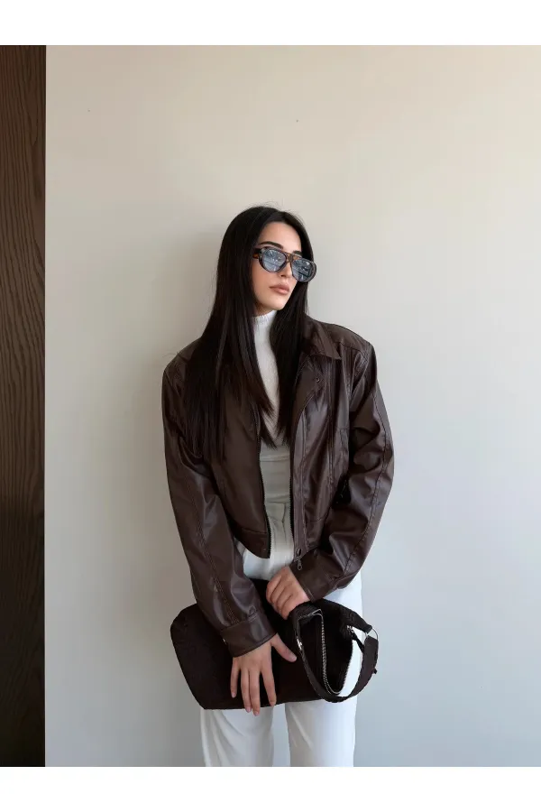 Kahverengi Fermuarlı Deri Ceket - 2617