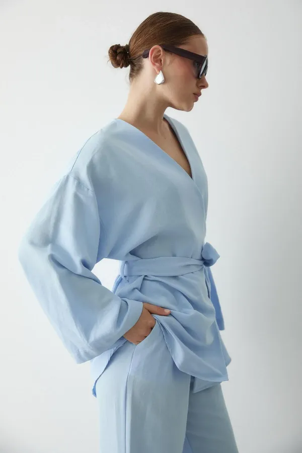 Mavi Pamuklu Kimono Bol Paça Pantolon Takım Mavi Pamuklu Kimono Bol Paça Pantolon Takım