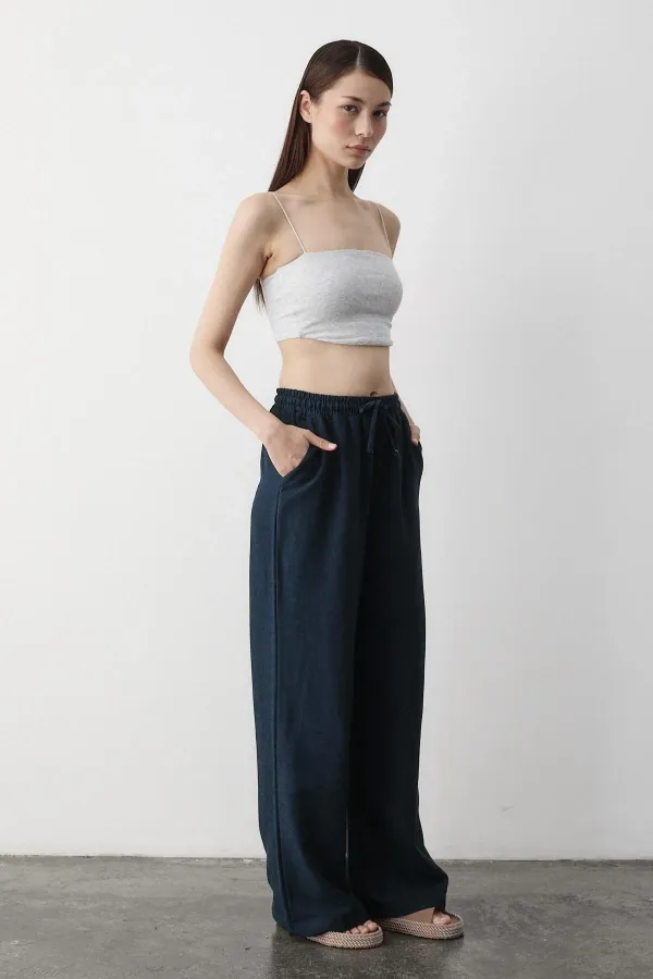 Navy Blue Wide Leg Trousers with Elastic Waistband