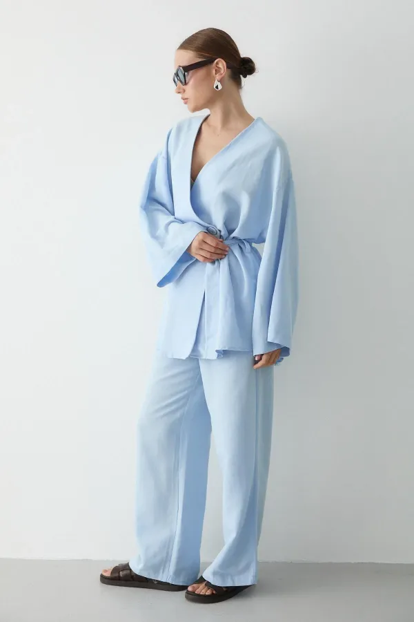 Mavi Pamuklu Kimono Bol Paça Pantolon Takım Mavi Pamuklu Kimono Bol Paça Pantolon Takım