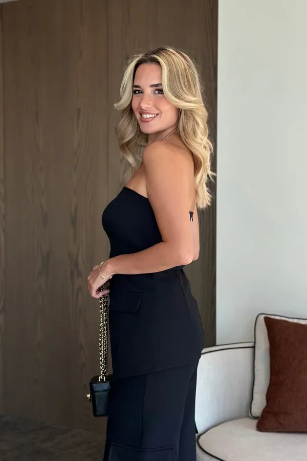 Black Strapless Blouse and Cargo Pants Set - 1414