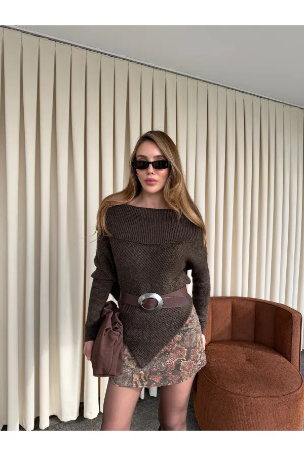 Kahverengi Kayık Yaka Asimetrik Kazak - 251193