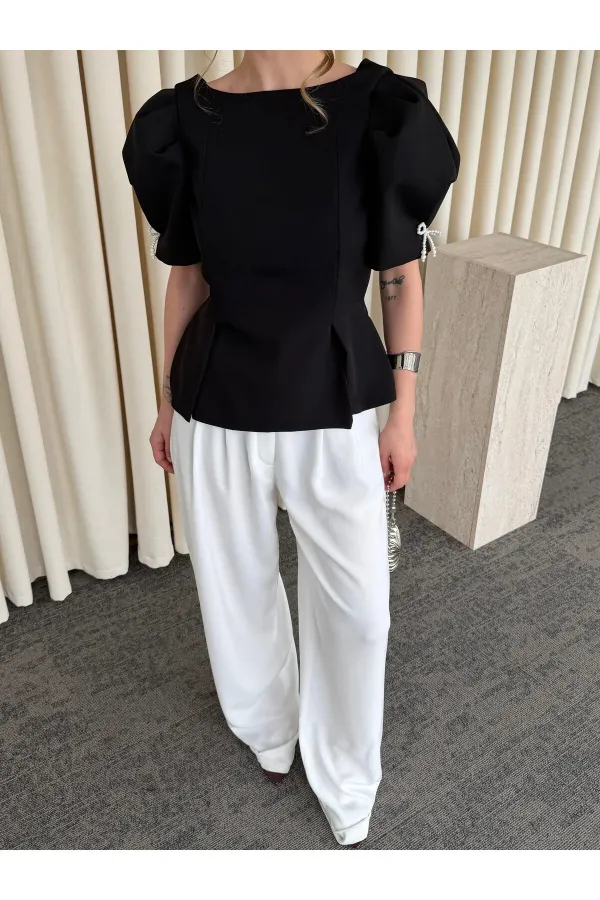 Siyah Kolu İnci Fiyonk Detaylı Bluz - 5001