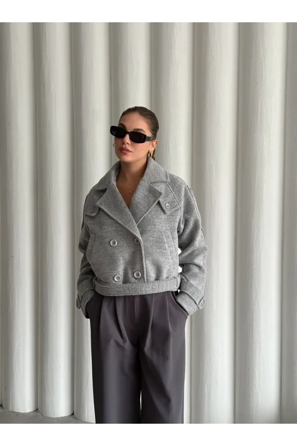 Grey Short Belted Cashmere Jacket - 9495