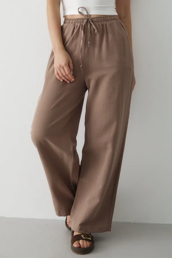 Milk Coffee Wide Leg Trousers with Elastic Waistband - 2813