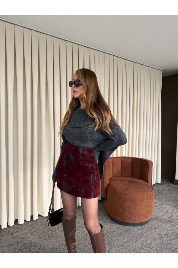 Navy Blue and Burgundy Flocked Print Skirt - 261002 Navy Blue and Burgundy Flocked Print Skirt - 261002